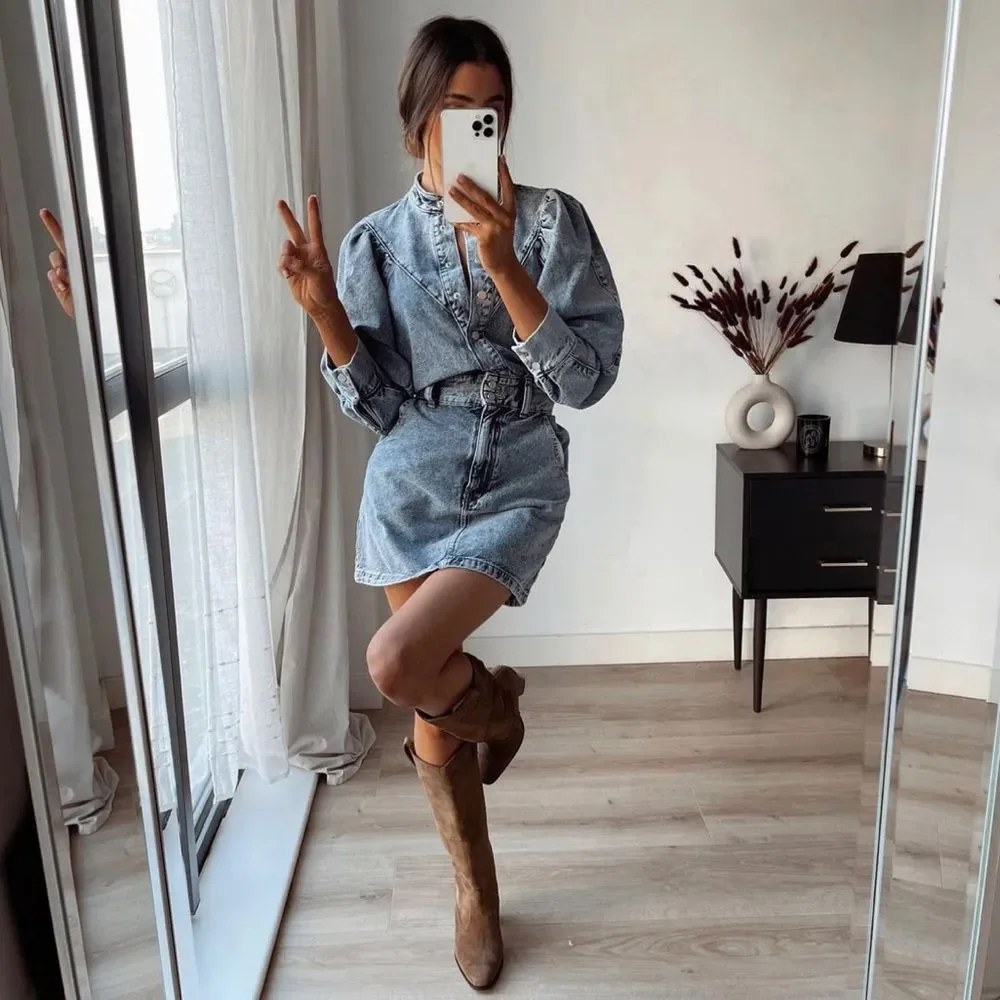 Mango Denim Dress Puff Sleeves - Picture 3 of 11